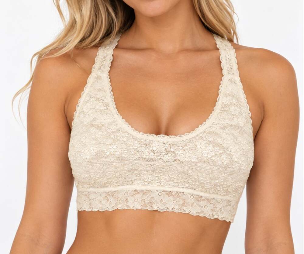 Ivory Floral Lace Racerback Bralette Wireless Scalloped Bra